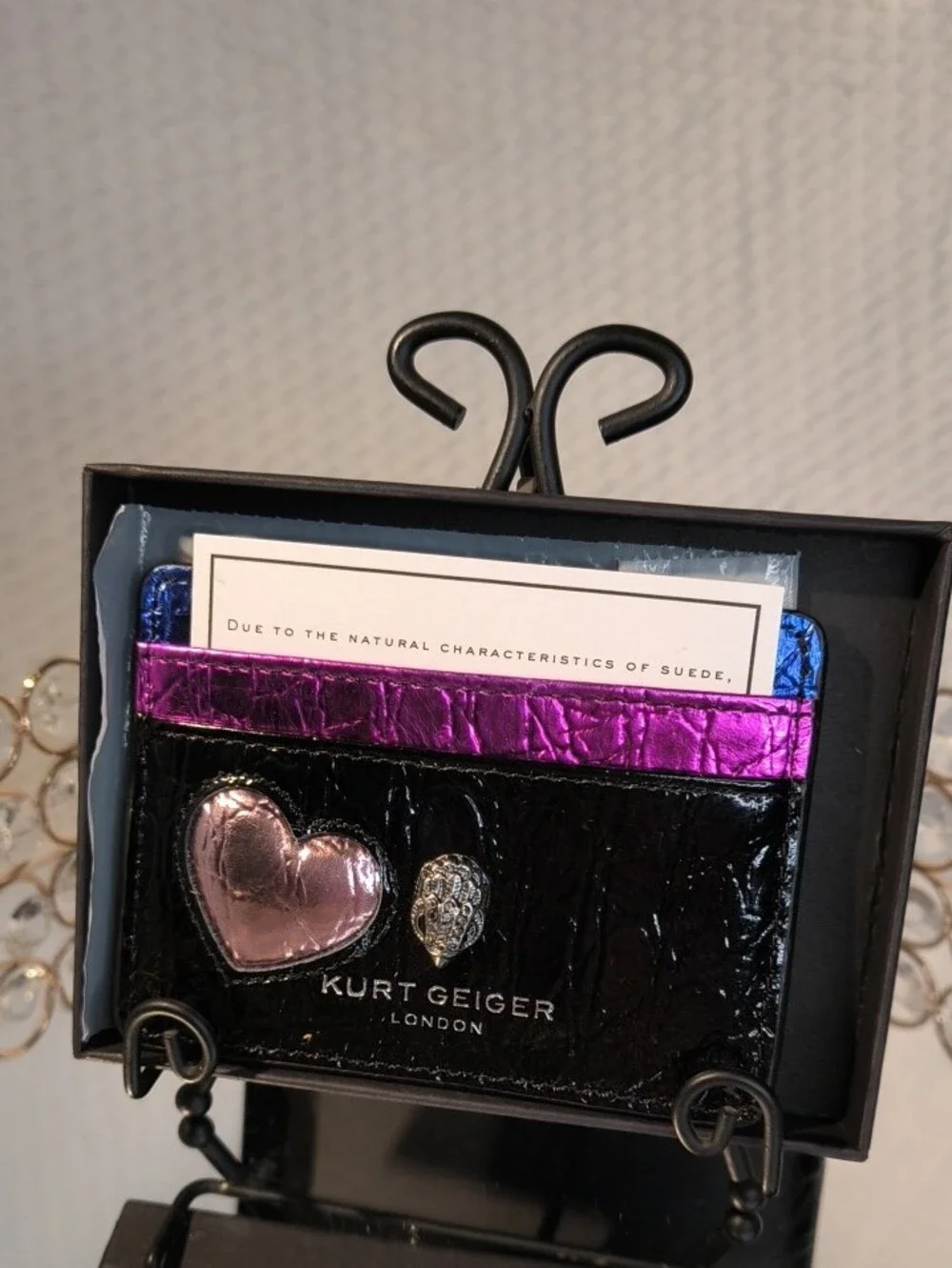 Kurt Geiger NWOT London Love Leather Card Holder Metallic Purple & Pink Accents